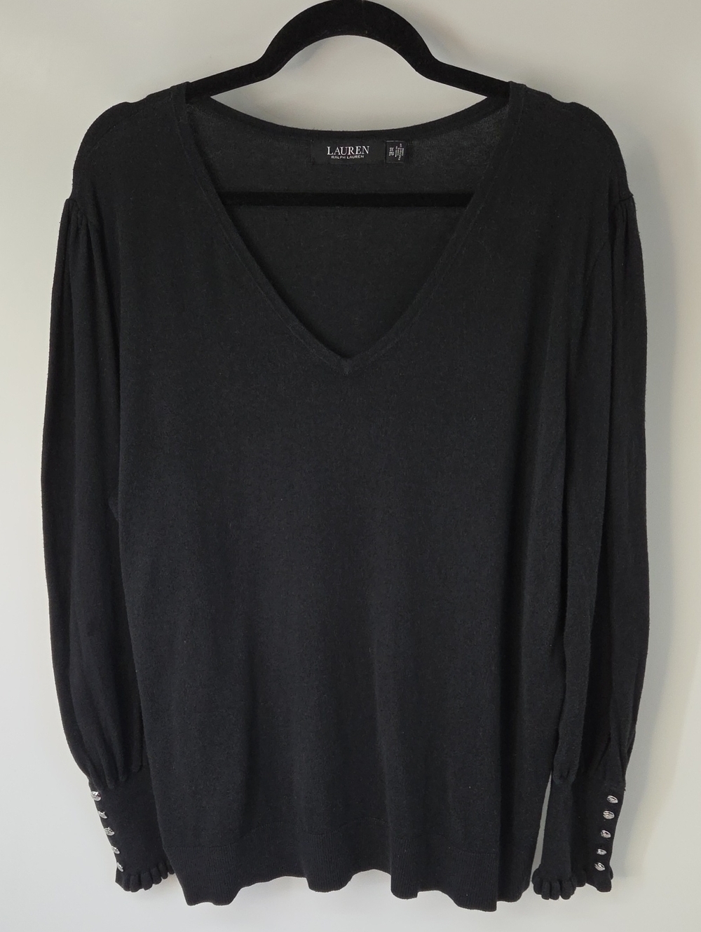 Lauren Ralph Lauren Black VNeck Pullover Sweater Puff Sleeves Button Cuffs Sz:3x